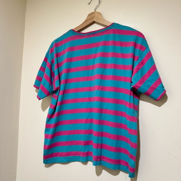 Unisex Striped Teal and Pink Shirt Vintage Single Stitch Cotton T-Shirt Size M - Picture 13 of 16